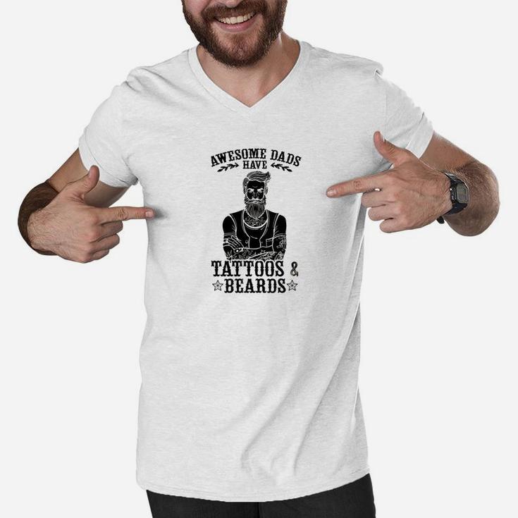 Awesome Dads Have Tattoos And Beards Tattoo Gift Men V-Neck Tshirt