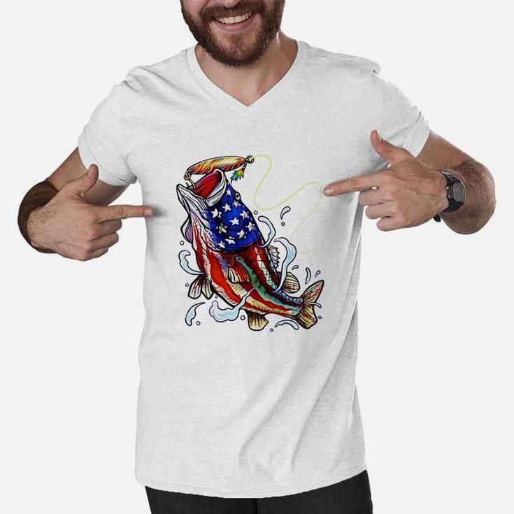 Bass Fishing 4th Of July Dad Father s Day American Flag Men V-Neck Tshirt