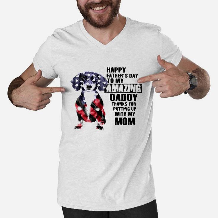 Dachshunds Dog America Flag Happy Fathers Day To My Amazing Daddy Shirt Men V-Neck Tshirt