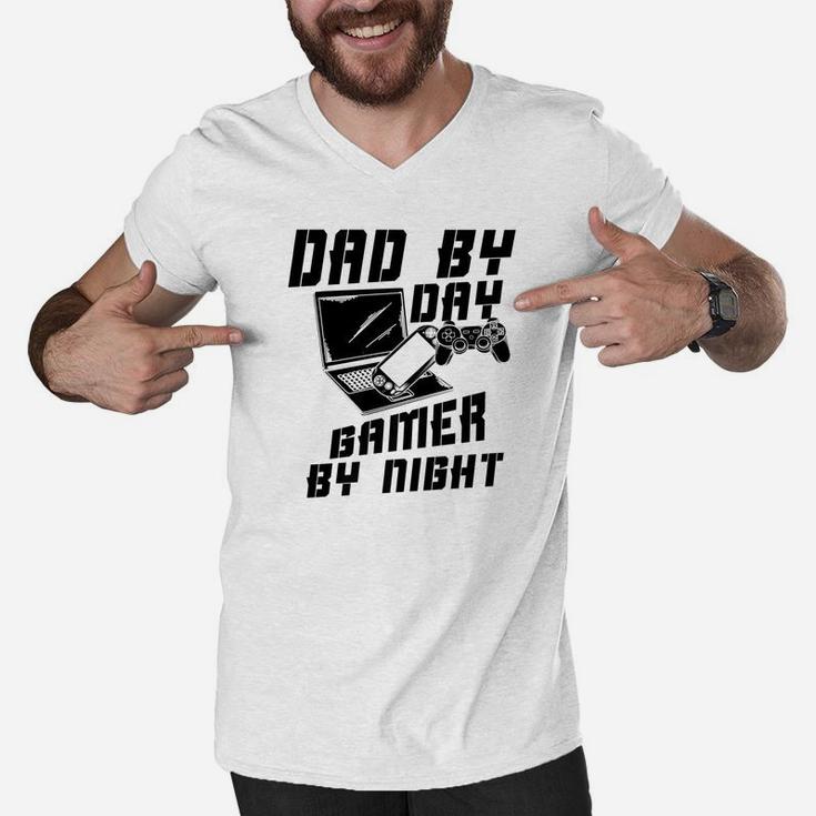 Dad By Day Gamer By Nigh Game Fathers Day Funny Gift Men V-Neck Tshirt