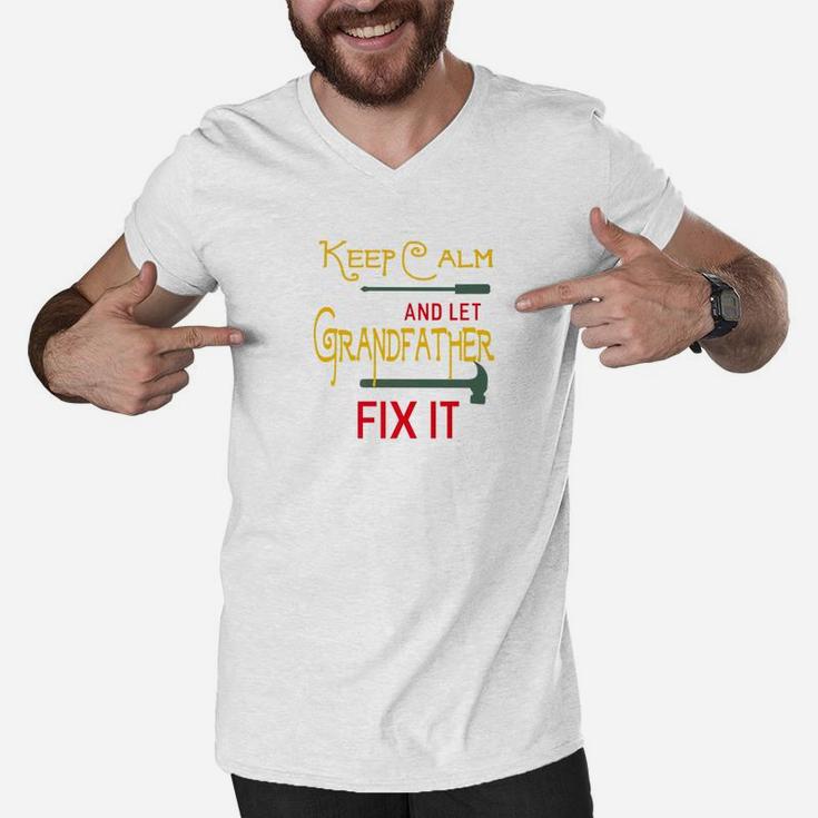 Keep Calm And Let Grandfather Fix It Fathers Day Grandpa Premium Men V-Neck Tshirt