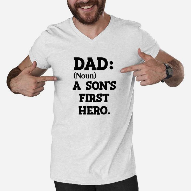 Mens Dad A Sons First Hero Mens Fathers Day Definition Gift Premium Men V-Neck Tshirt