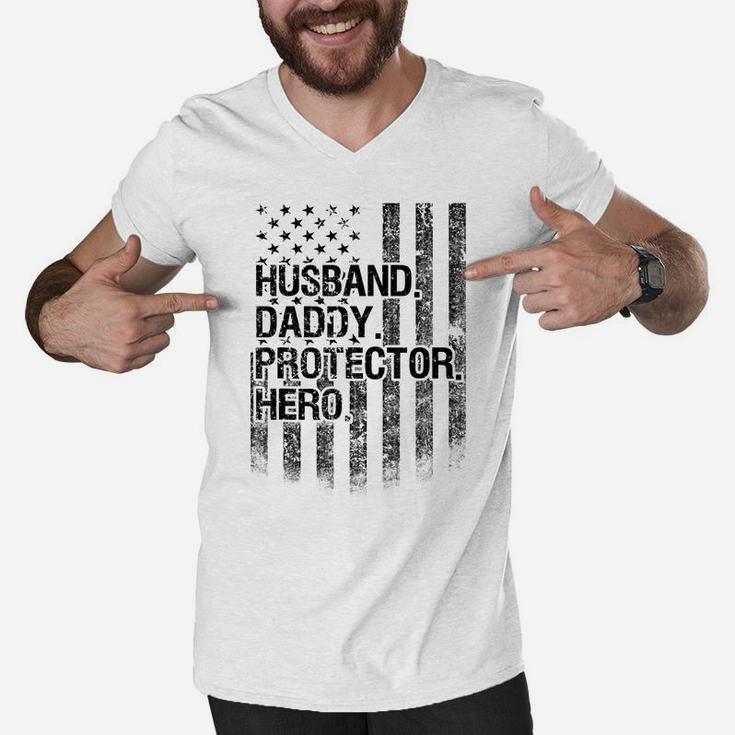 Mens Mens Husband Daddy Protector Hero Shirt American Flag Dad Men V-Neck Tshirt