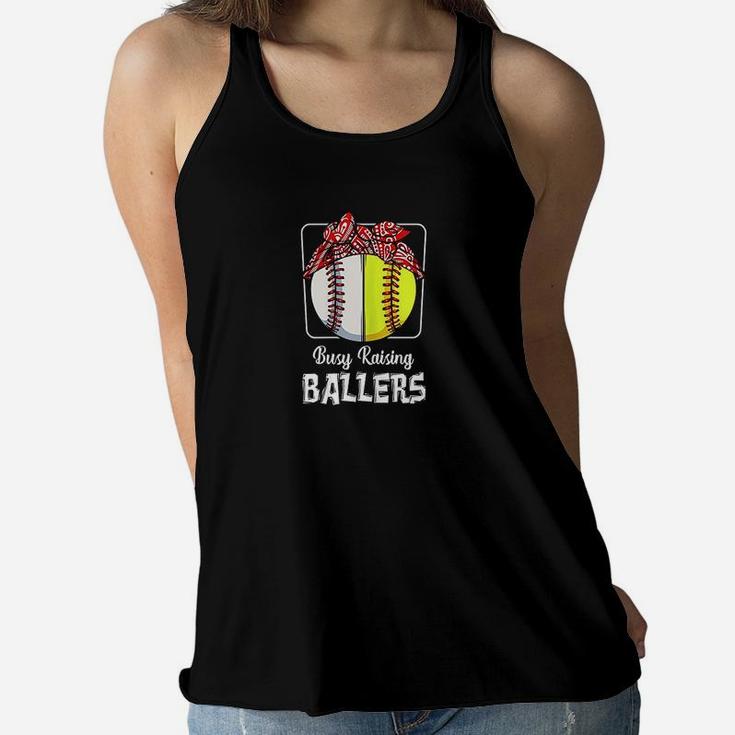Busy Raising Ballers Softball Funny Baseball Mom Sport Ladies Flowy Tank