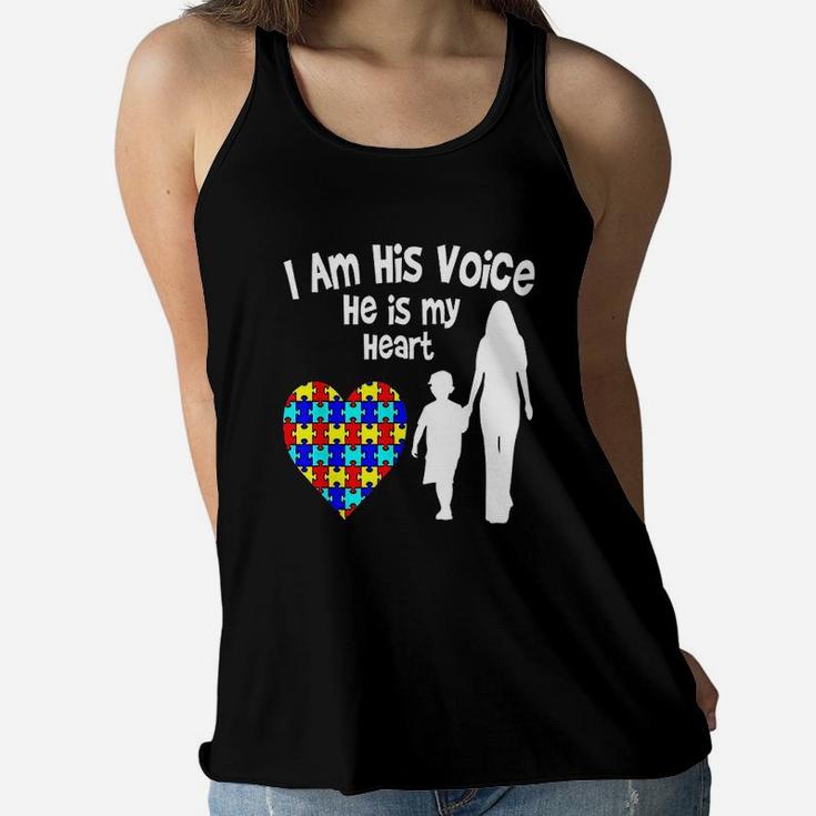 I Am His Voice He Is My Heart Awareness Mom Ladies Flowy Tank