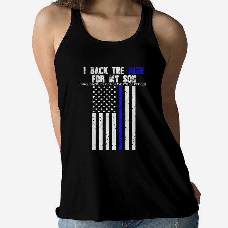 I Back The Blue For My Son Thin Line Mom Ladies Flowy Tank