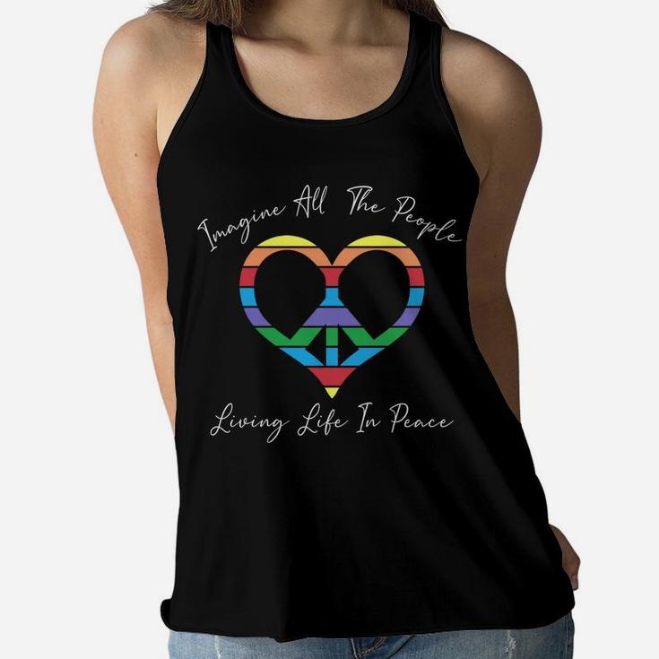 Imagine All The People Living Life In Peace Hippie Peace Heart Sign Women Flowy Tank