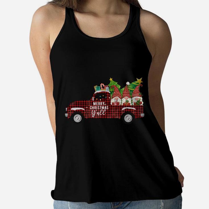 Merry Christmas Gnomes Red Plaid Truck Xmas Tree Happy Vacation Women Flowy Tank