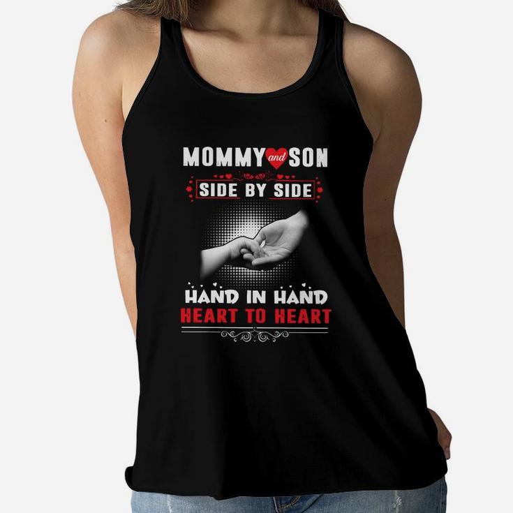 Mommy And Son Side By Side Hand In Hand Heart To Hear Ladies Flowy Tank