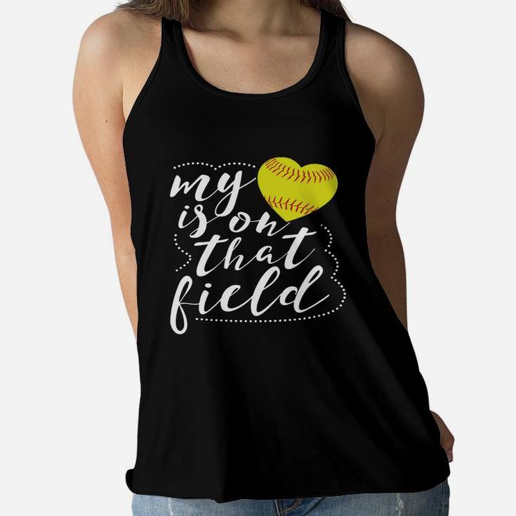 My Heart Is On That Field Softball Shirt Funny Softball Mom Ladies Flowy Tank