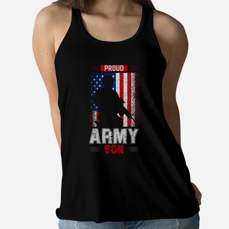 Proud Army Son American Flag US Navy Veteran Women Flowy Tank
