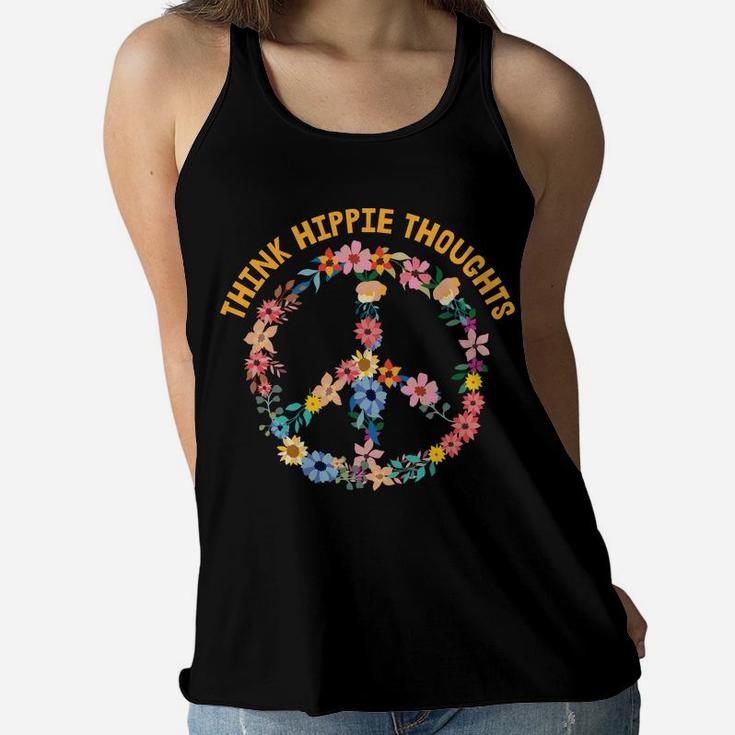 Think Hippie Thoughts Peace Sign Floral Flowers Women Flowy Tank