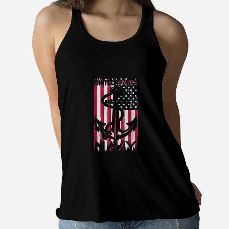 Us Navy Flag With Anchor For Navy Veterans And Soldiers Ladies Flowy Tank