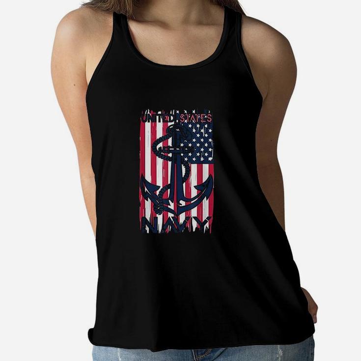 Us Navy Flag With Anchor For Navy Veterans And Soldiers Ladies Flowy Tank