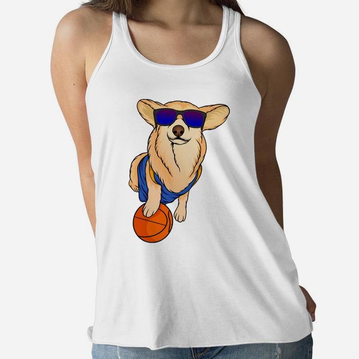 Cartoon Cute Corgi Dog Wearing Sunglasses With Basketball Women Flowy Tank