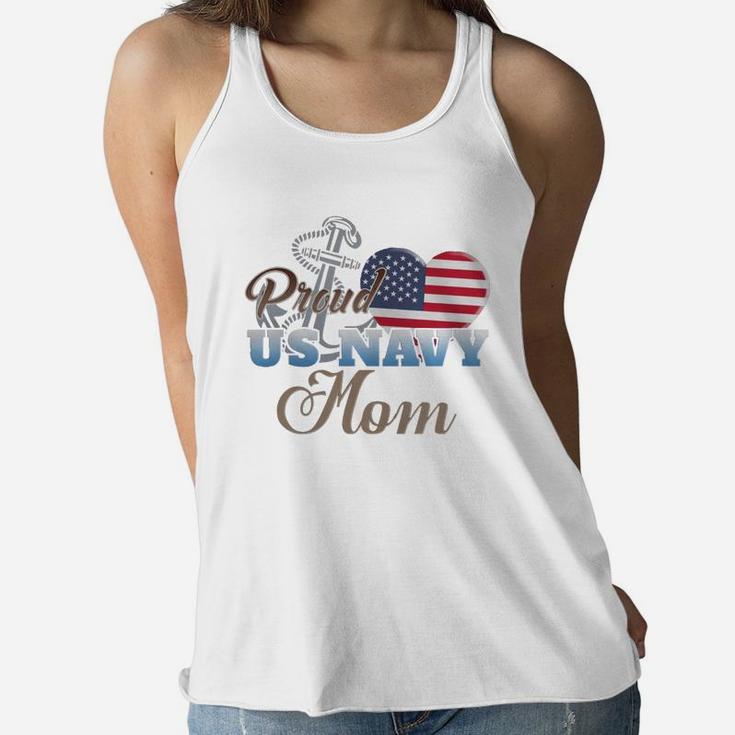 Proud Us Navy Mom Shirt - Navy Mom Patriotic Heart Ladies Flowy Tank
