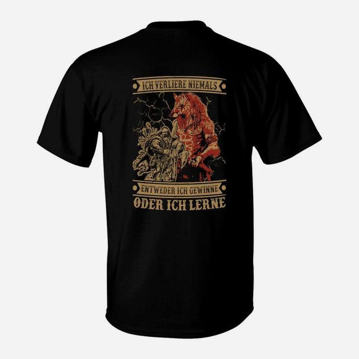 Löwenmotiv Schwarzes T-Shirt Ich verliere niemals - Gewinne oder Lerne Tee