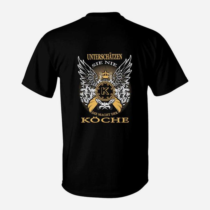 Schwarzes T-Shirt mit goldenem Köche-Emblem, Flügeln & Spruch