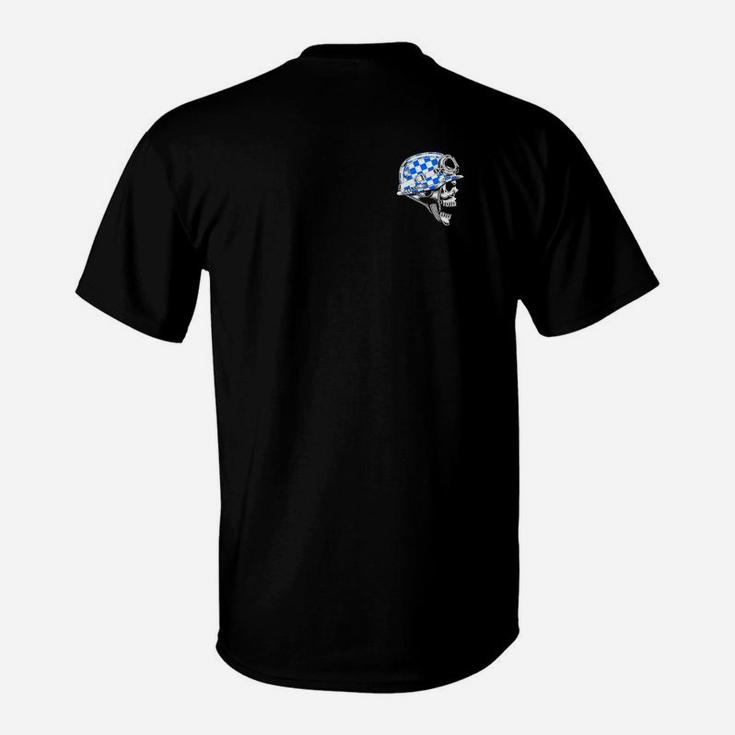 Schwarzes T-Shirt mit Schädel und Rennflaggen-Design, Trendy Motiv