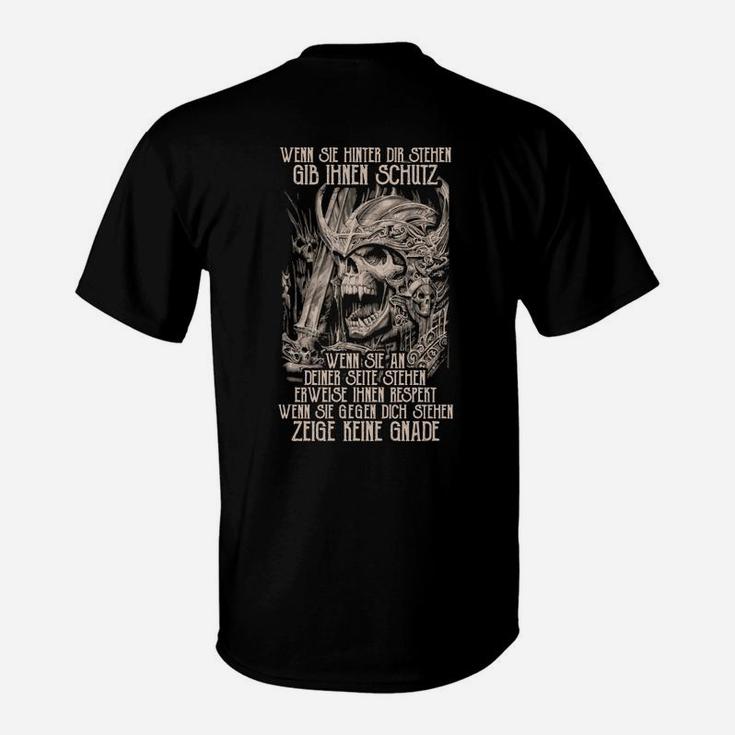 Schwarzes Totenkopf Krieger T-Shirt mit Spruch, Mutiges Krieger-Design