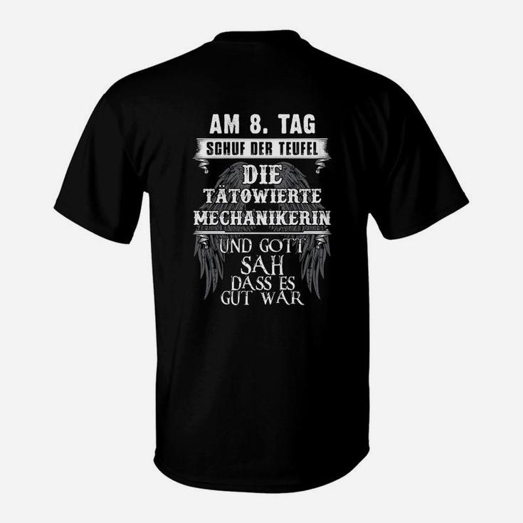 Tätowierte Mechanikerin Schwarzes T-Shirt, Teufel & Gott Design