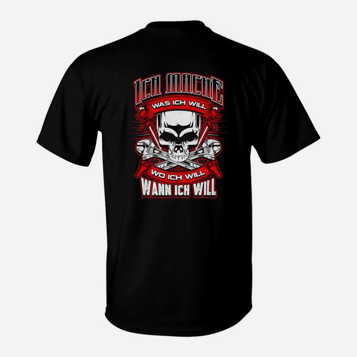 Totenkopf Schwarzes T-Shirt: Ich mach was ich will Spruch, Freiheitsbotschaft
