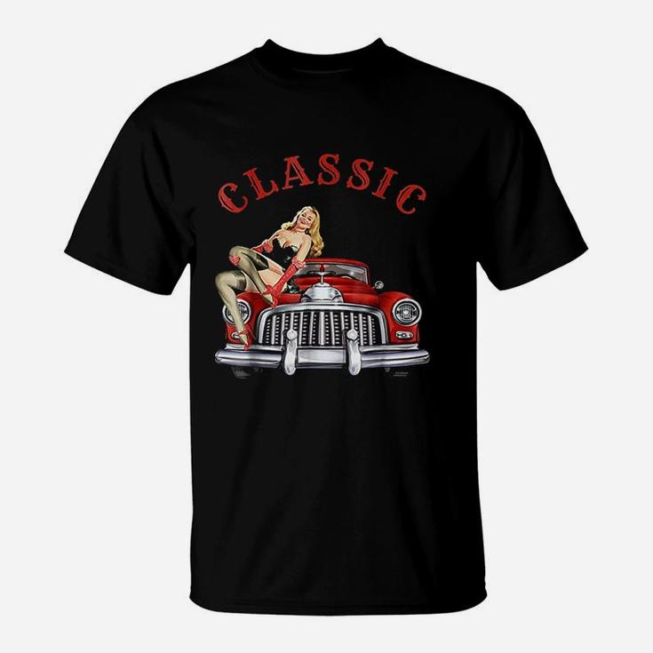 Classic Vintage Old School Car Pin Up Girl T-Shirt | Seseable