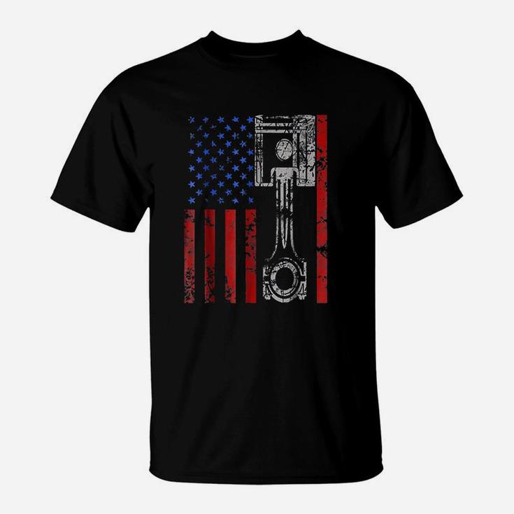 American Flag Piston Muscle Car Patriotic Vintage T-Shirt | Seseable