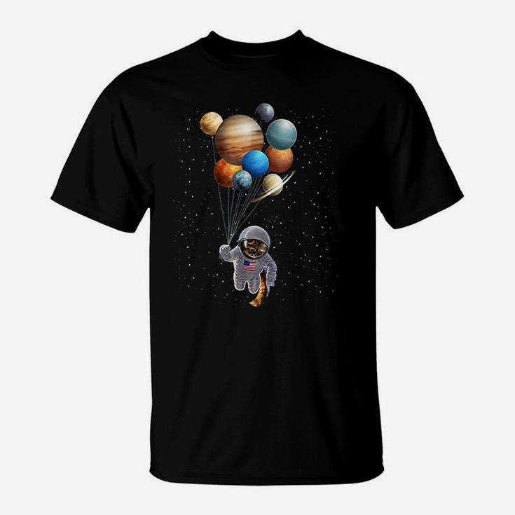 Astronaut Cat In Space Holding Planet Balloon T-Shirt