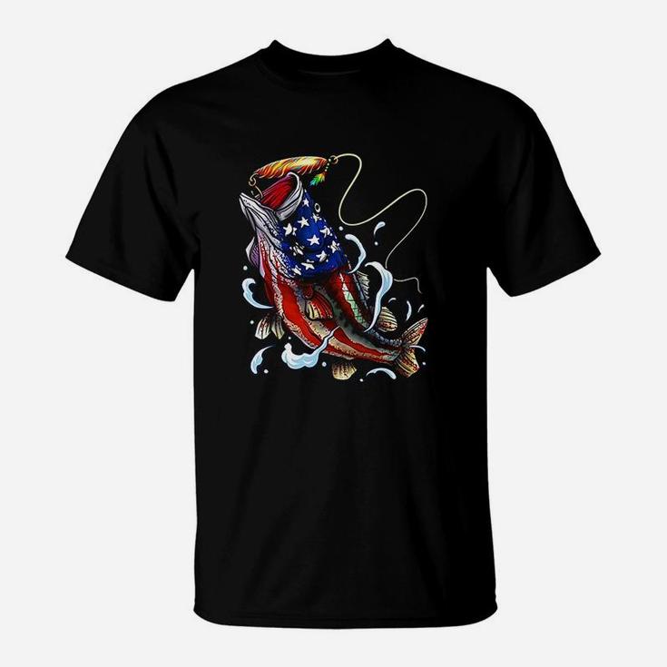 Bass Fishing Fish Angler Dad Father Gift American Flag T-Shirt