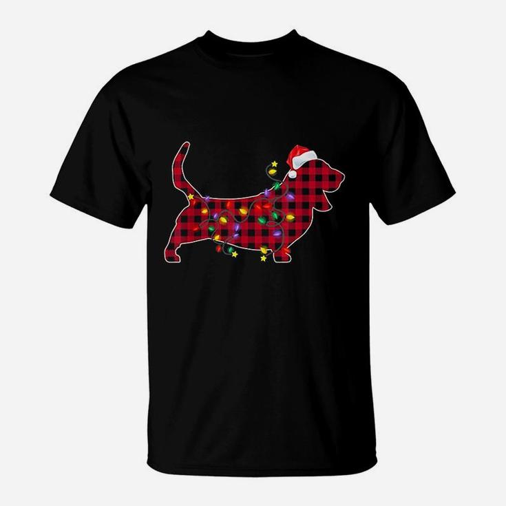 Basset Hound Dog Red Plaid Christmas Lights Xmas T-Shirt