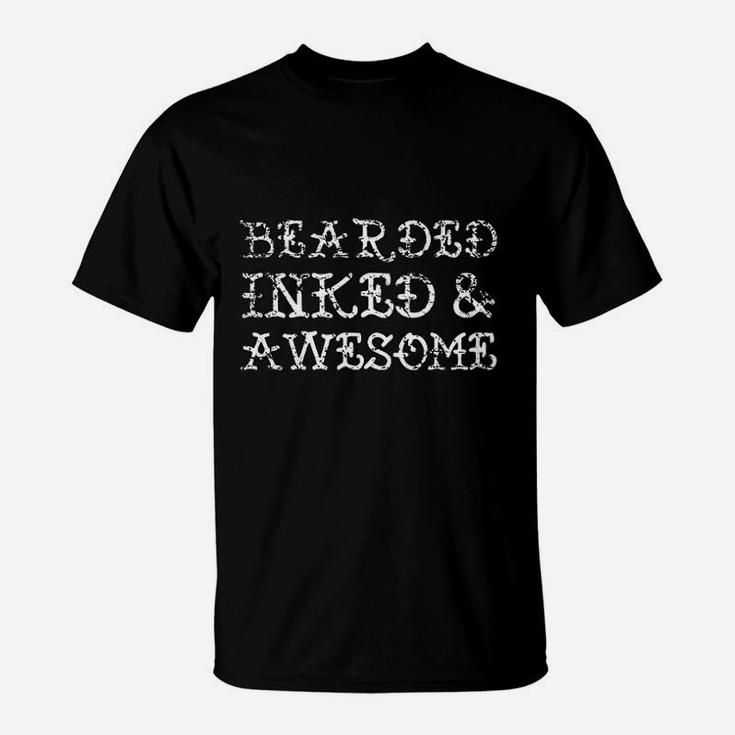 Bearded Inked And Awesome Funny Beard Tattoo Gift T-Shirt