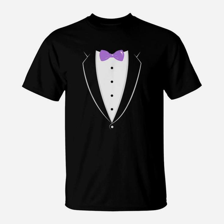 Black And White Tuxedo With Lavender Bow Tie T-Shirt
