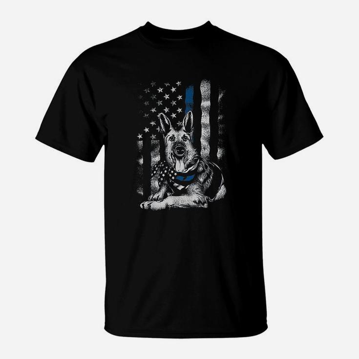 Blue Line K9 American Usa Flag German Shepherd Police T-Shirt