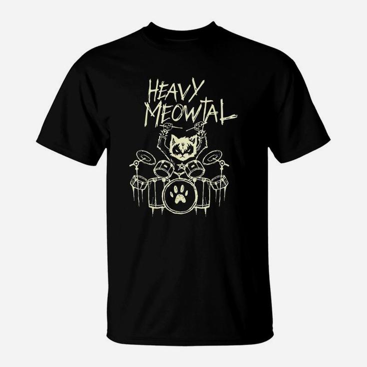 Cat Heavy Metal Headbanger Gift Drummer Cat Playing Drum Meowtal T-Shirt