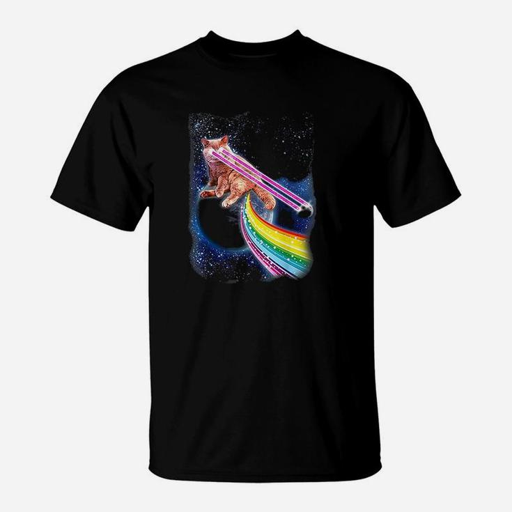 Crazy Space Cat With Eye Lasers And Rainbow Farts T-Shirt