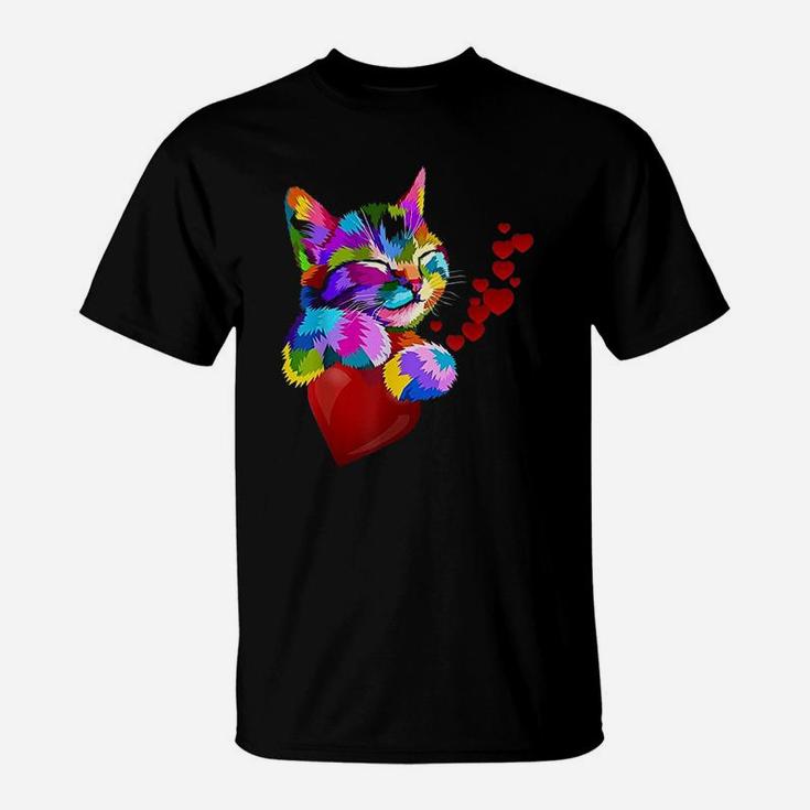 Cute Cat Colorful Funny Valentines Day Hearts Kids T-Shirt