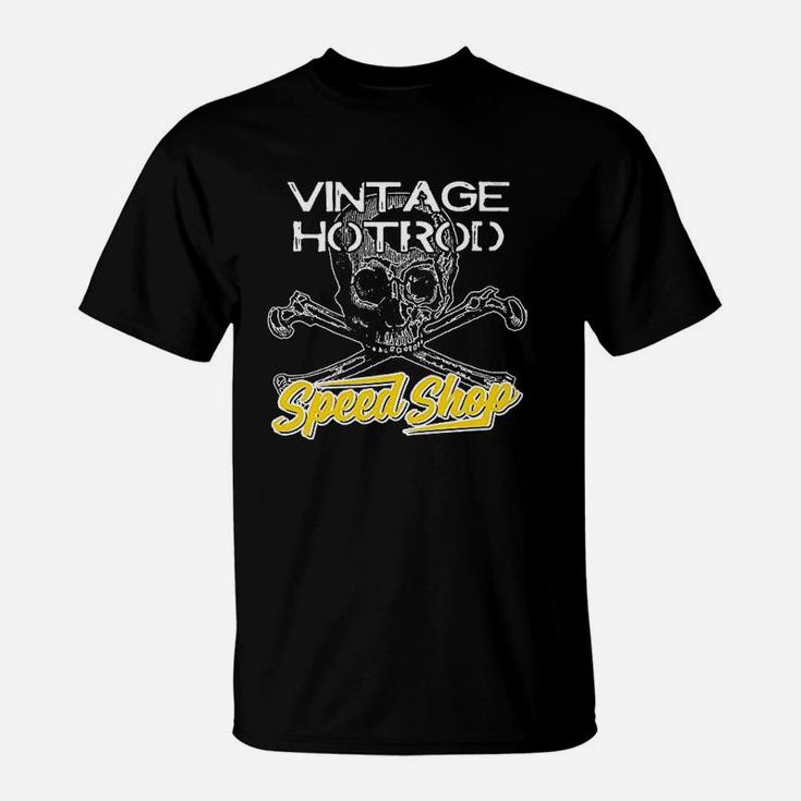 Devil Vintage Speed Shop Skull Crossbones Yellow Racing Garage T-Shirt
