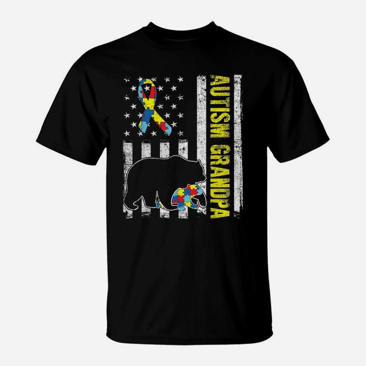 Distressed Bear Autism Grandpa Usa Flag Autism Awareness Shirt T-Shirt