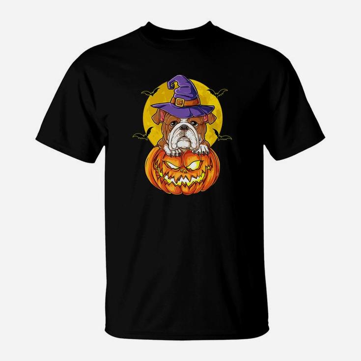 English Bulldog Witch Pumpkin Halloween Kids Women T-Shirt