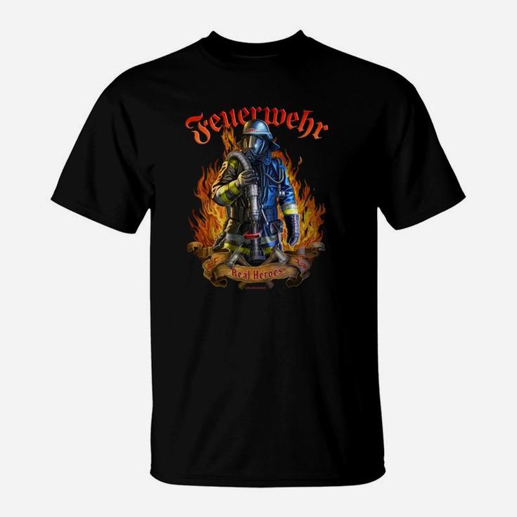 Feuerwehrmann T-Shirt in Schwarz mit Mutigem Motiv und Flammen