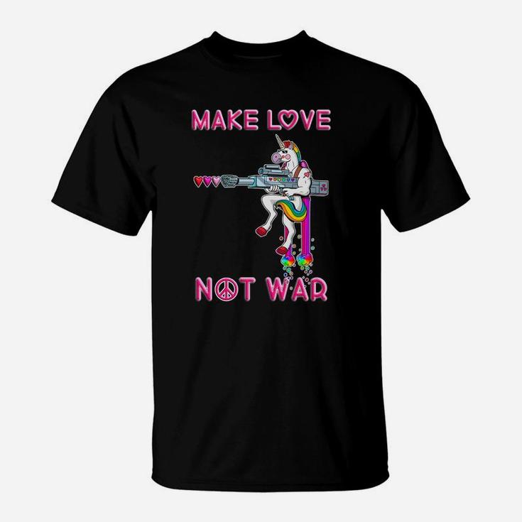 Friedensbotschaft T-Shirt Unisex, Make Love Not War, Einhorn & Gewehr Design