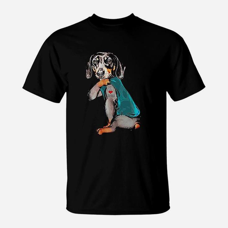 Funny Dachshund Cute Dachshund Dog I Love Mom Tattoo Gift T-Shirt