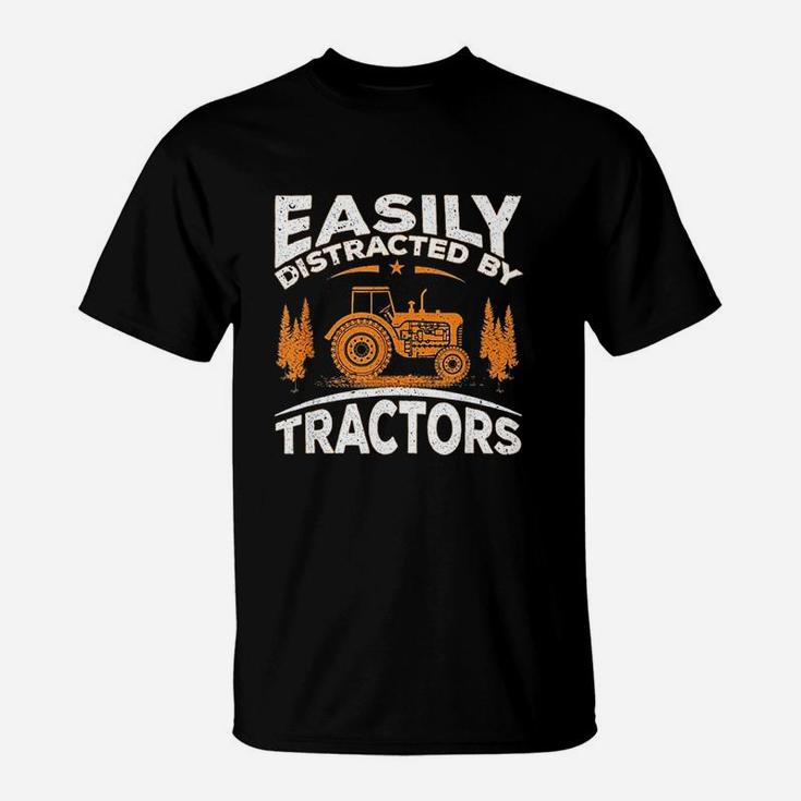 Funny Farming Quote Gift Easily Distracted By Tractors T-Shirt