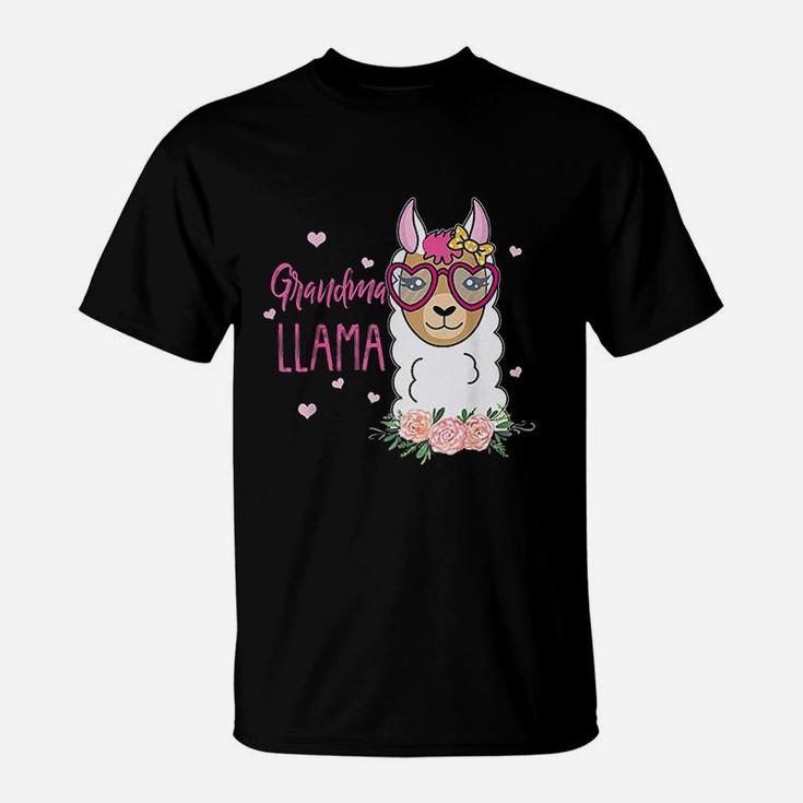 Funny Grandma Llama Boho Flowers Pink Heart T-Shirt