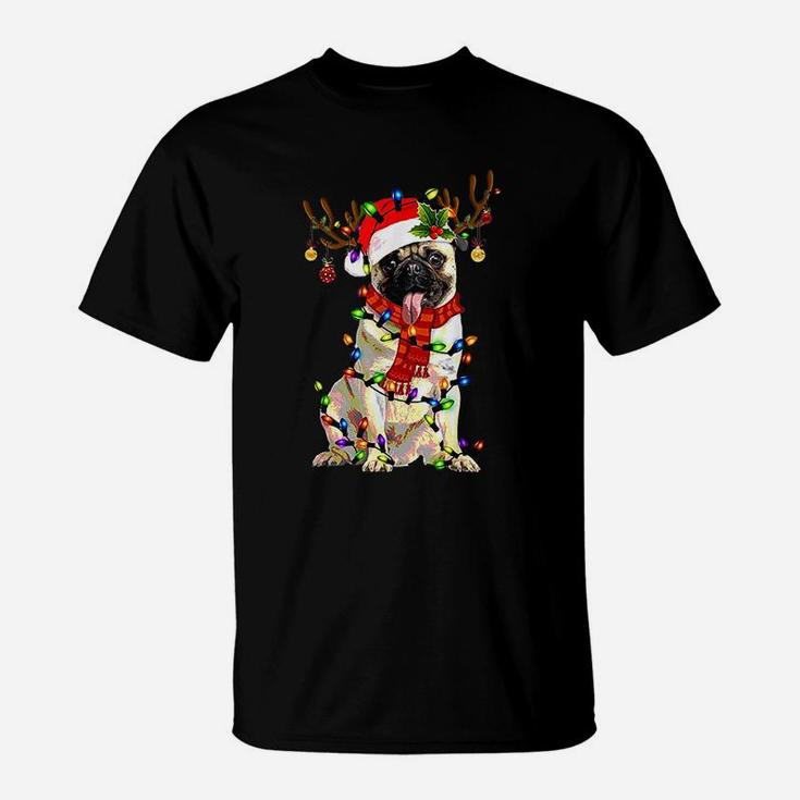 Funny Pug Dog Christmas Reindeer Christmas Lights T-Shirt