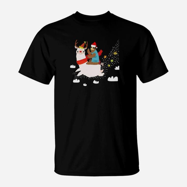 Funny Santa Sloth Riding Llama Reindeer Christmas T-Shirt