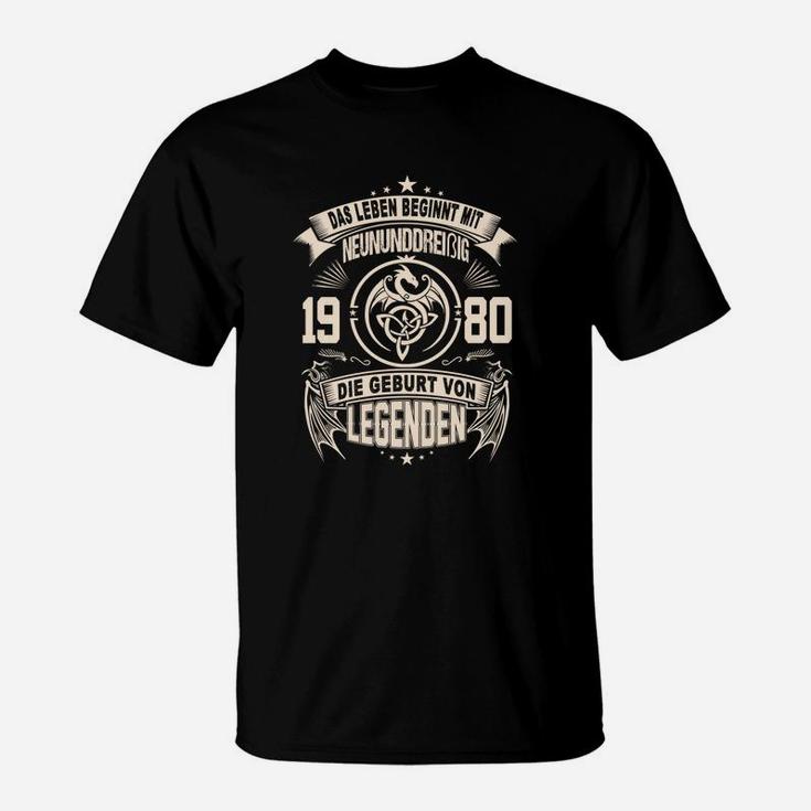 Geburt von Legenden 1980, Schwarzes T-Shirt für Männer mit Jahrgangsmotiv