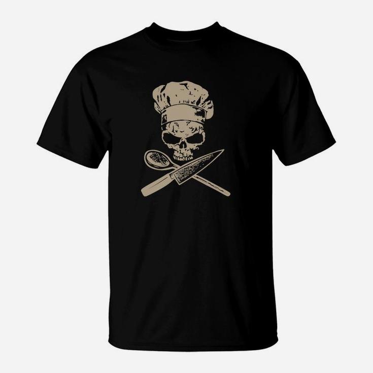 Gourmet-Skull-Koch T-Shirt, Messer & Löffel Kreuzmotiv Schwarz