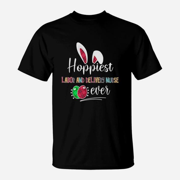 Hoppiest Labor And Delivery Nurse Ever Bunny Ears Buffalo Plaid Easter Nursing Job Title T-Shirt